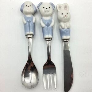 VTG,Child Utensil Set Porcelain Bear Puppy Bunny Japan White Blue Color 3 Piece
